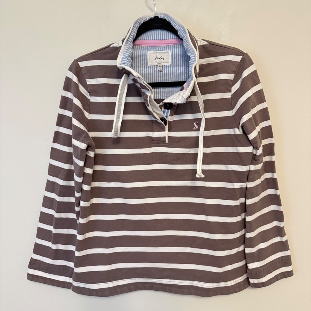 Joules Brown White Striped Quarter Button Pullover Top Pink Hare Logo US 10